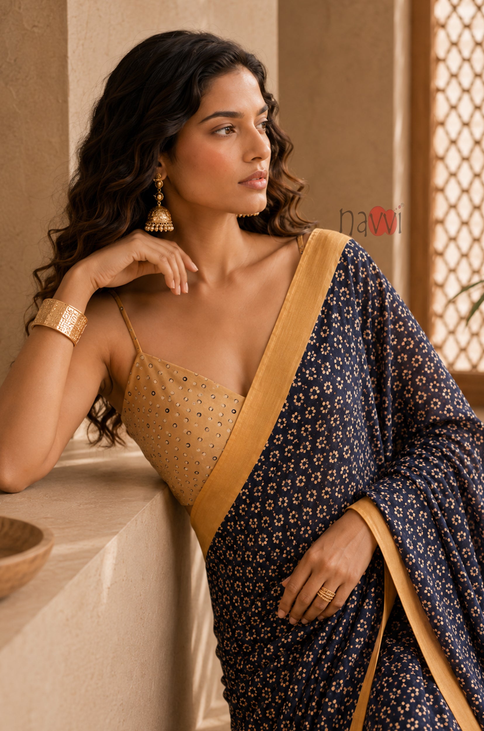 Midnight Bloom Gold Border Saree