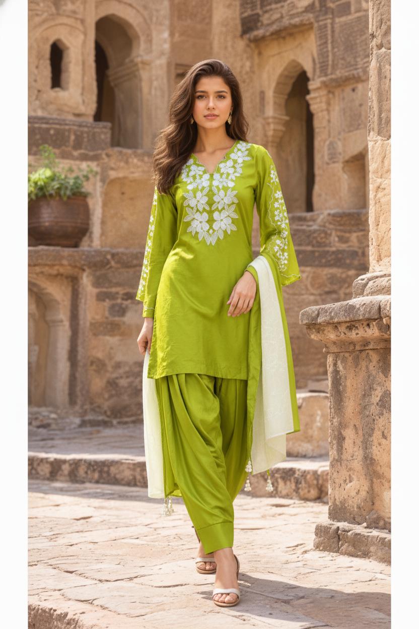 Parrot Green Embroidered Farsi Salwar Set