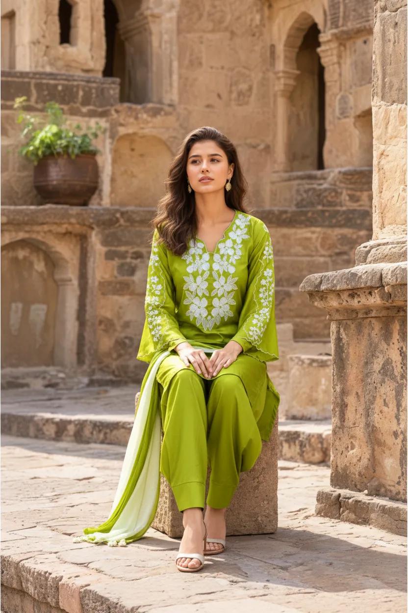Parrot Green Embroidered Farsi Salwar Set
