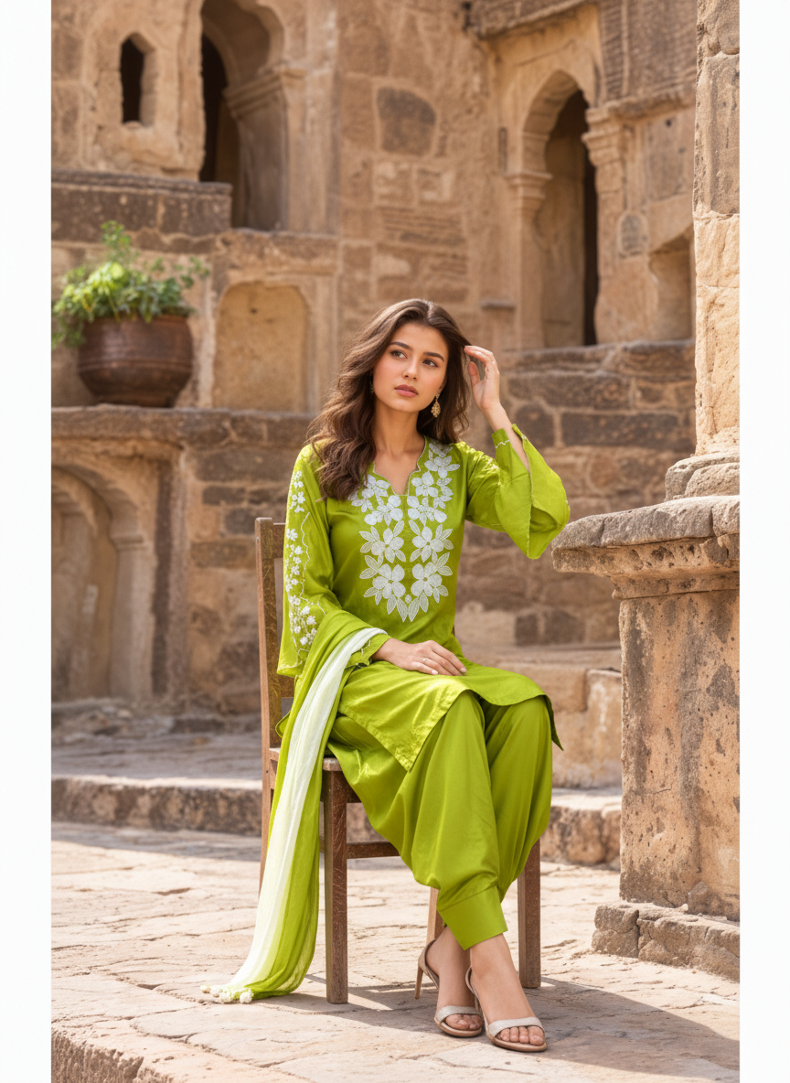 Parrot Green Embroidered Farsi Salwar Set