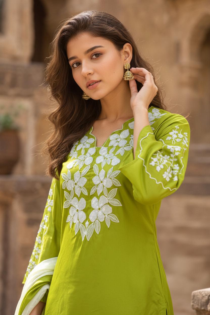 Parrot Green Embroidered Farsi Salwar Set