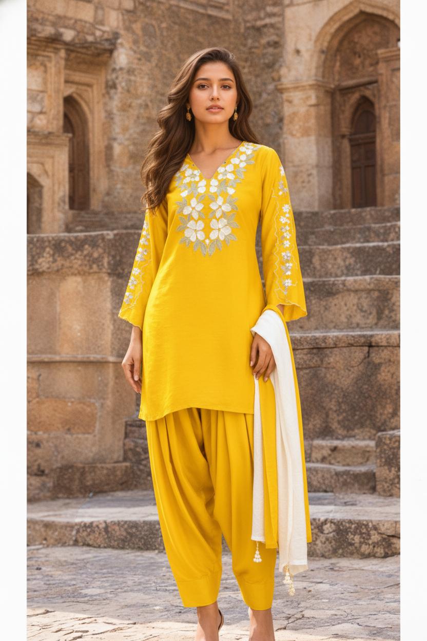 Aurelia Yellow Embroidered Farsi Set