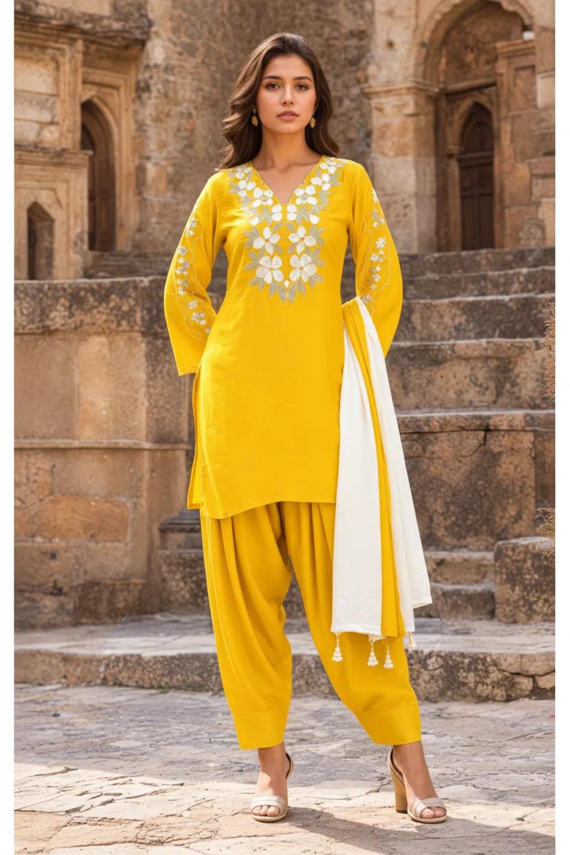 Aurelia Yellow Embroidered Farsi Set