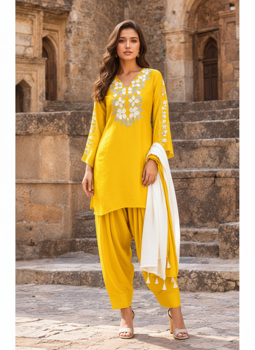 Aurelia Yellow Embroidered Farsi Set
