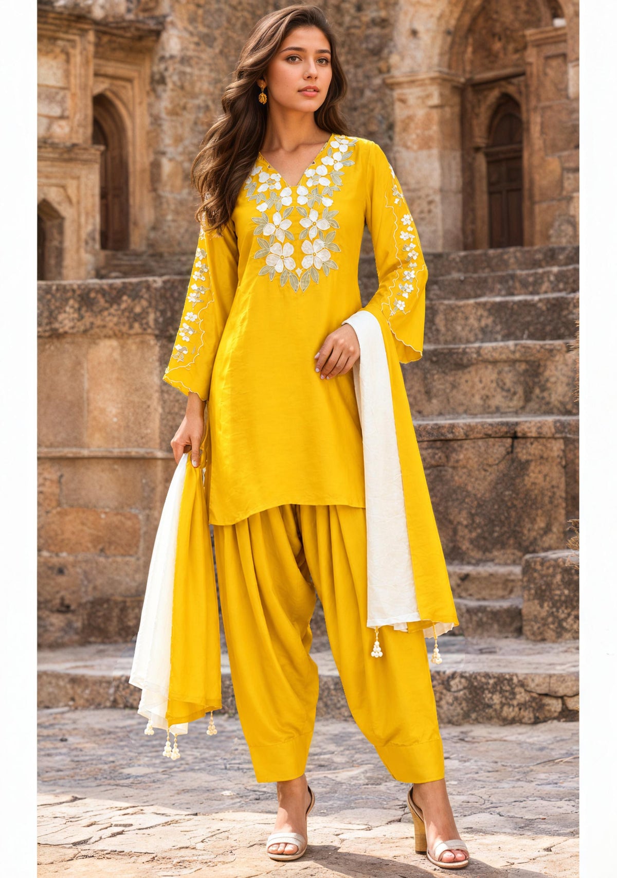 Aurelia Yellow Embroidered Farsi Set