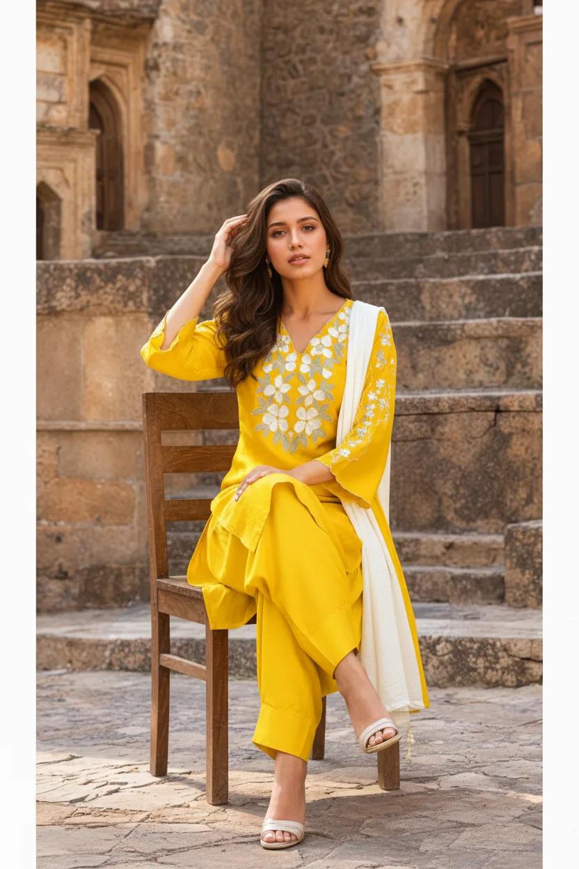 Aurelia Yellow Embroidered Farsi Set