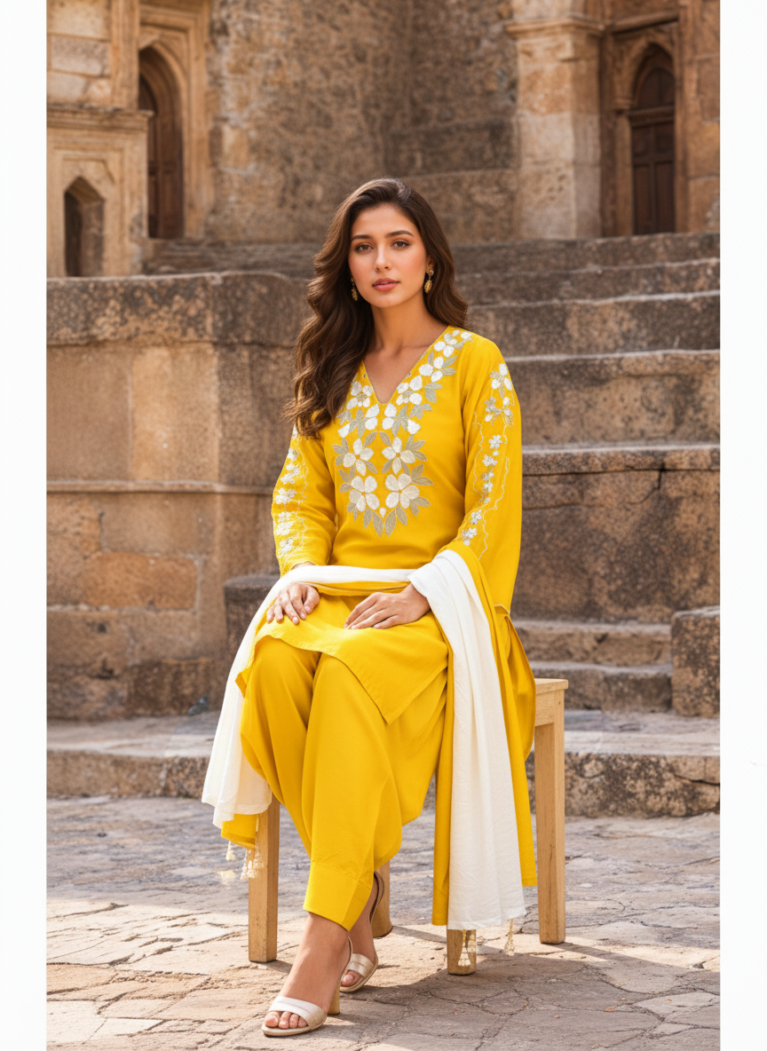 Aurelia Yellow Embroidered Farsi Set