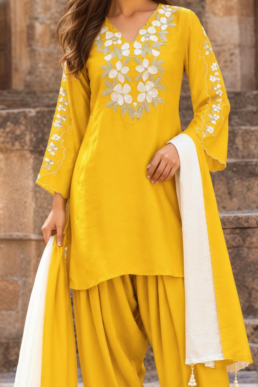 Aurelia Yellow Embroidered Farsi Set