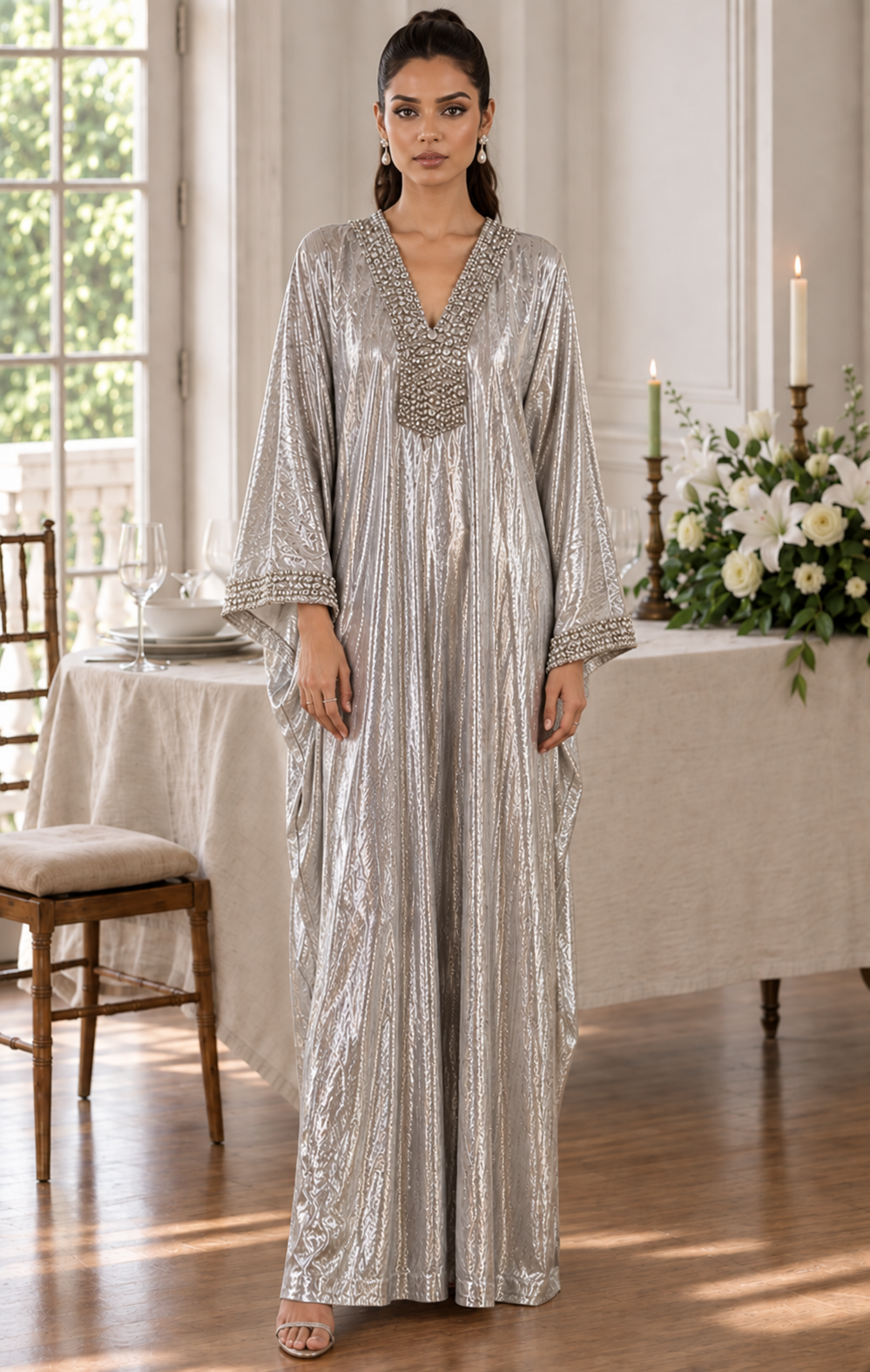 Metallic Printed Long Kaftan Dress