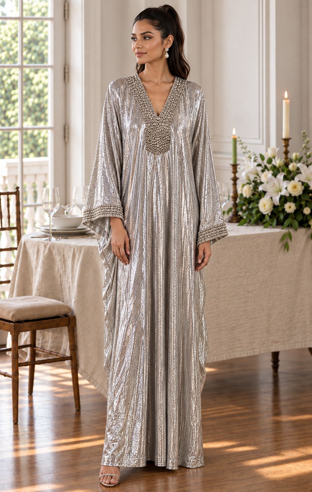 Metallic Printed Long Kaftan Dress