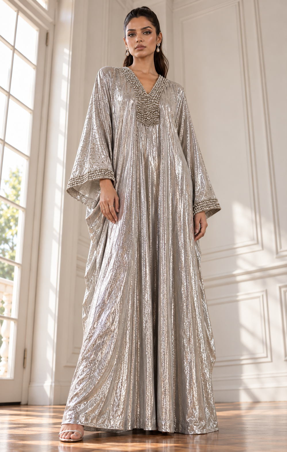 Metallic Printed Long Kaftan Dress