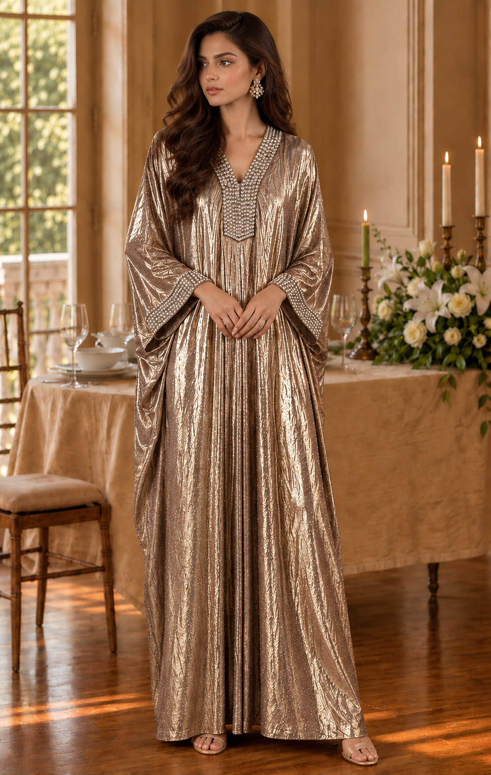 Metallic Printed Long Kaftan Dress