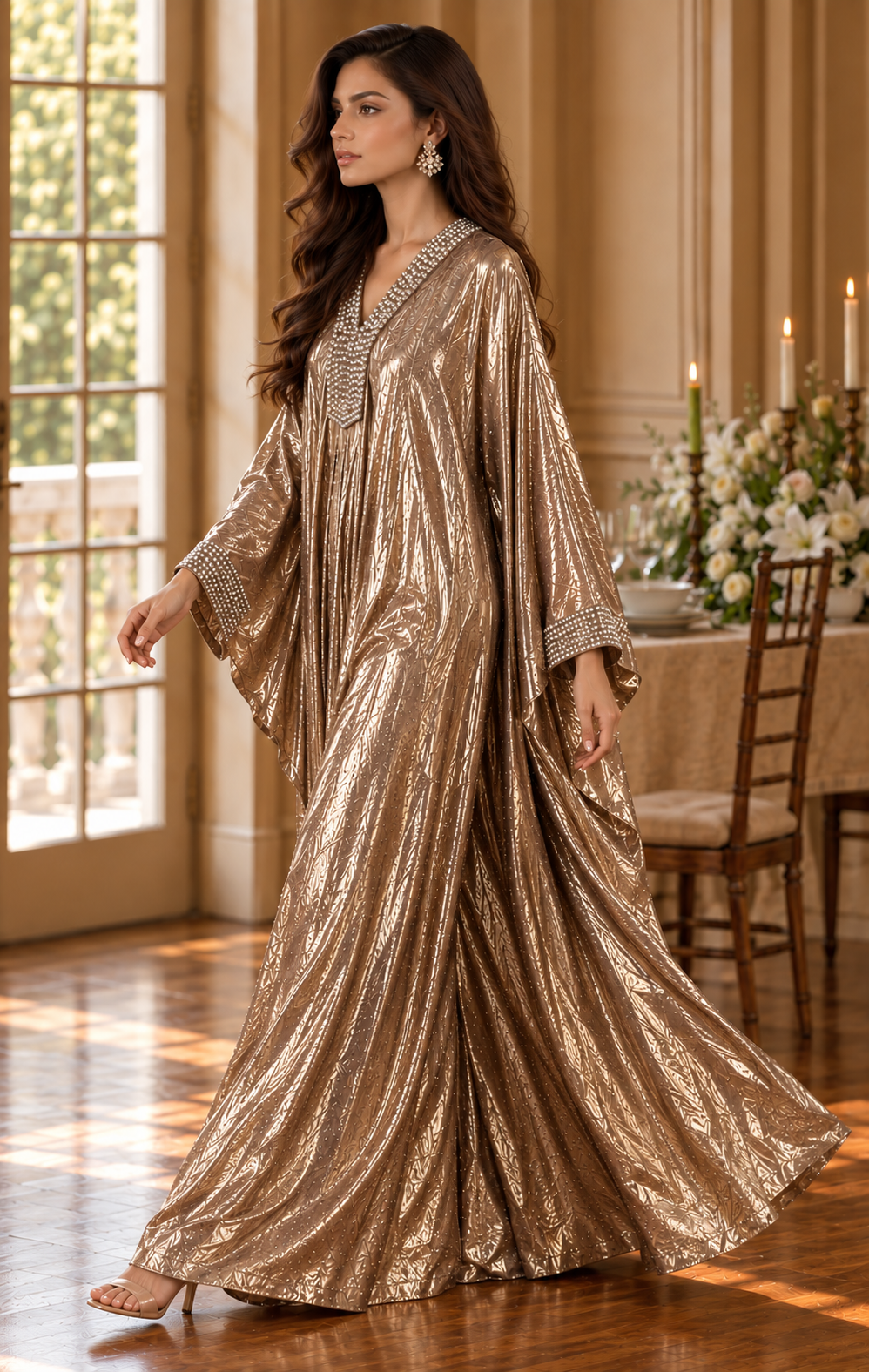 Metallic Printed Long Kaftan Dress