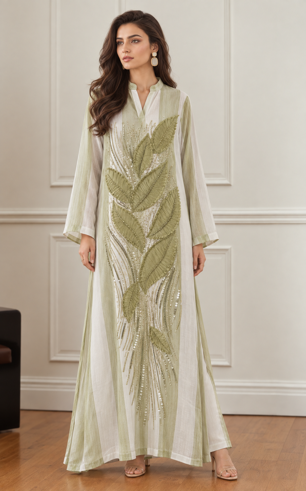 Leaf Striped Long Kurta Dress