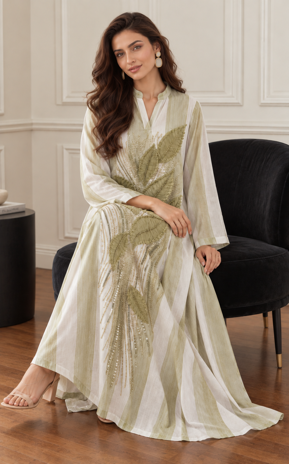 Leaf Striped Long Kurta Dress