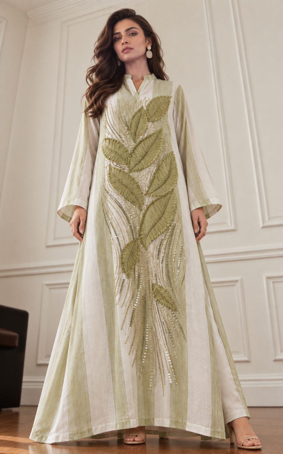 Leaf Striped Long Kurta Dress