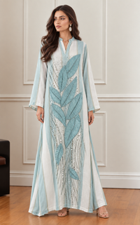Light Blue & White Leaf Long Kurta Dress