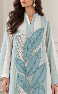 Light Blue & White Leaf Long Kurta Dress