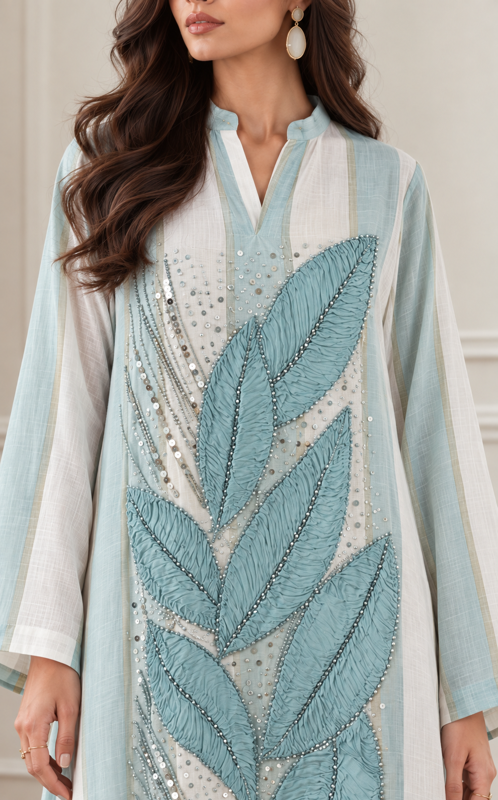 Light Blue & White Leaf Long Kurta Dress