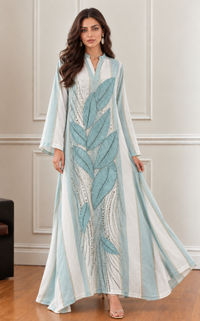 Light Blue & White Leaf Long Kurta Dress