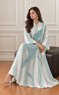 Light Blue & White Leaf Long Kurta Dress