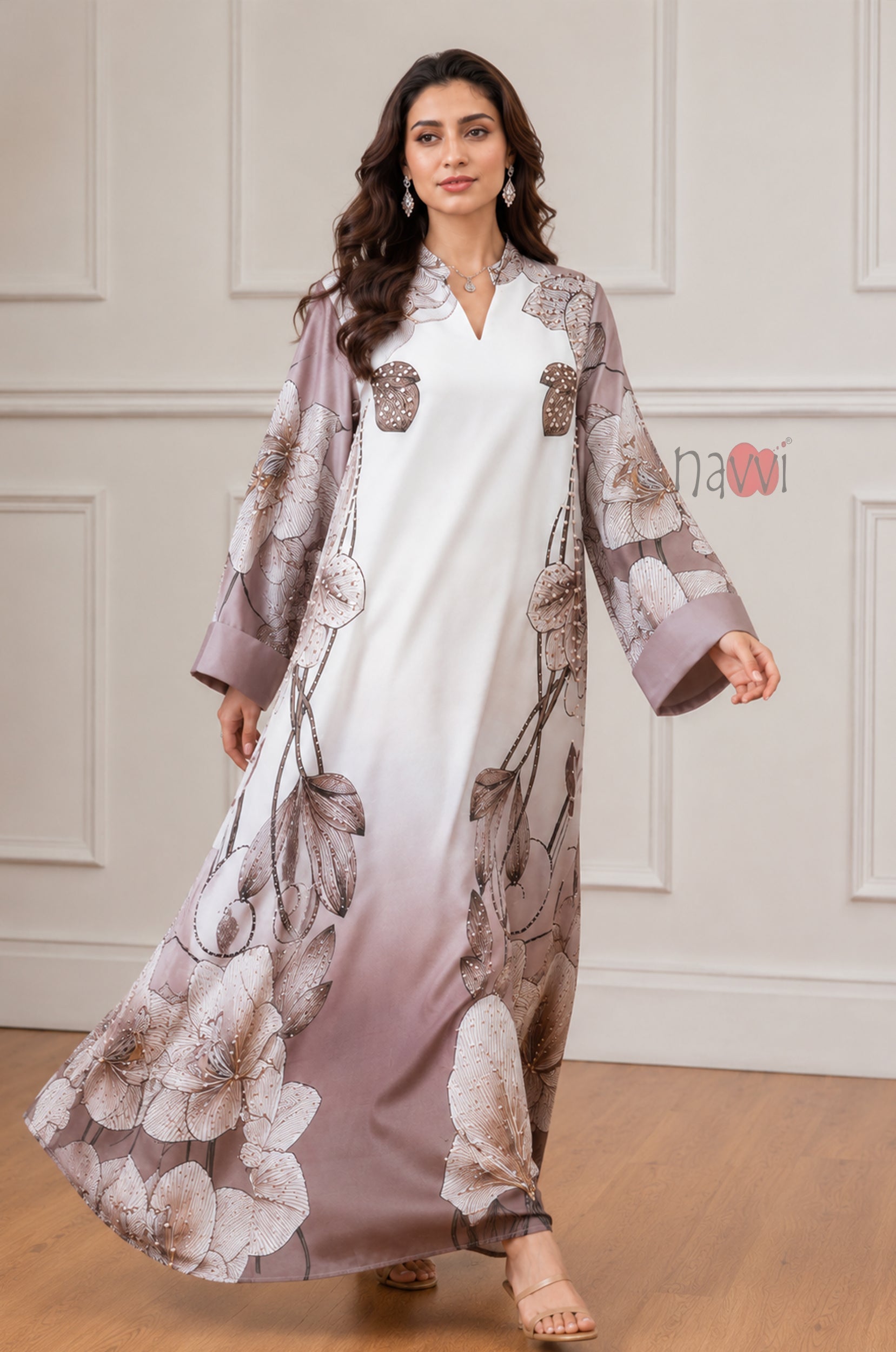 Taupe Blossom Printed Kaftan Dress