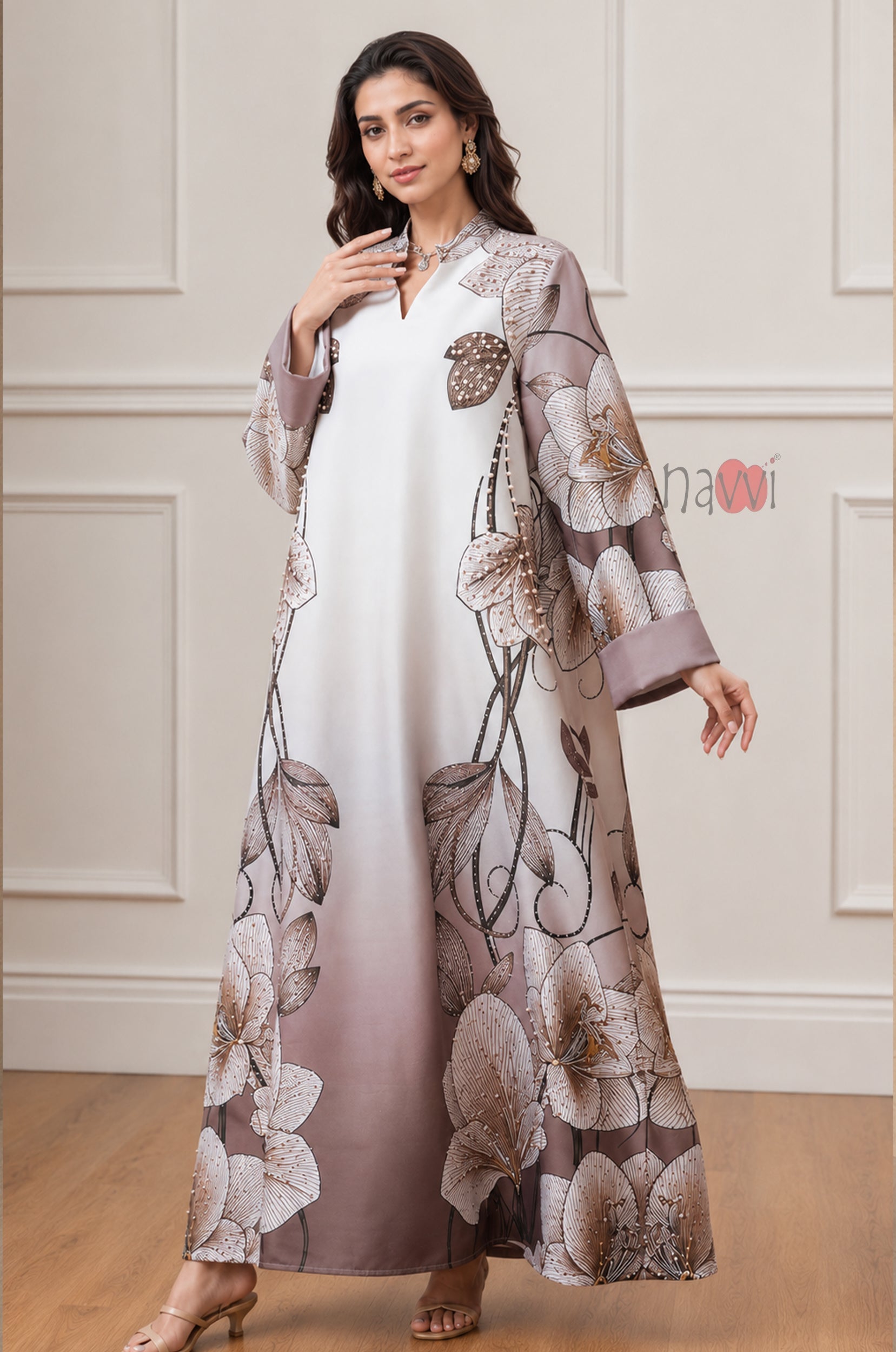 Taupe Blossom Printed Kaftan Dress