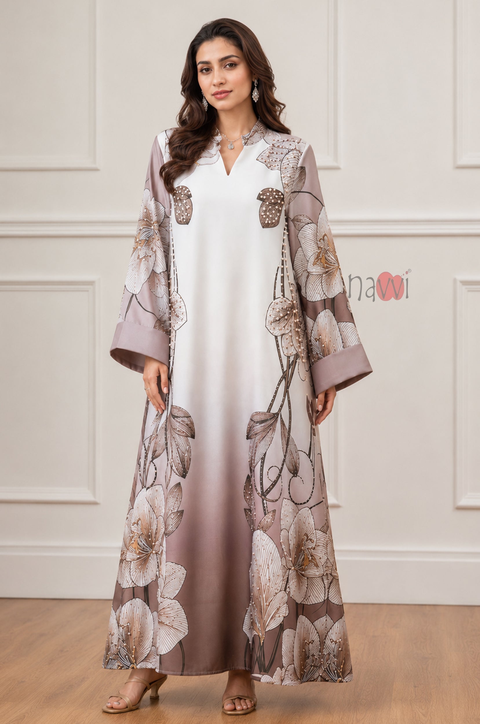 Taupe Blossom Printed Kaftan Dress