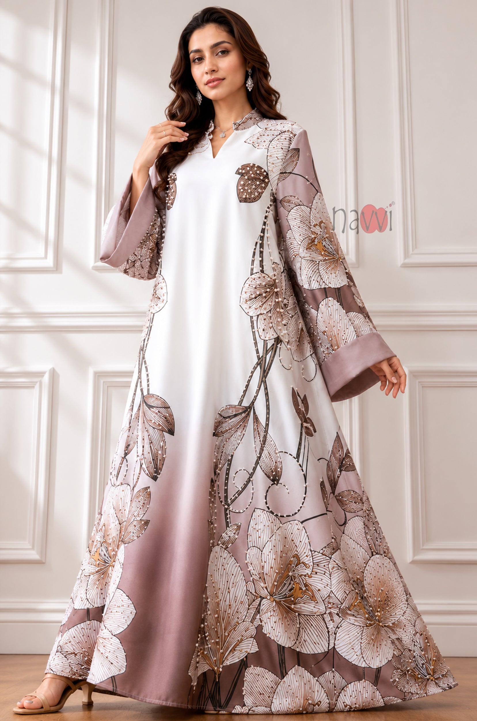 Taupe Blossom Printed Kaftan Dress