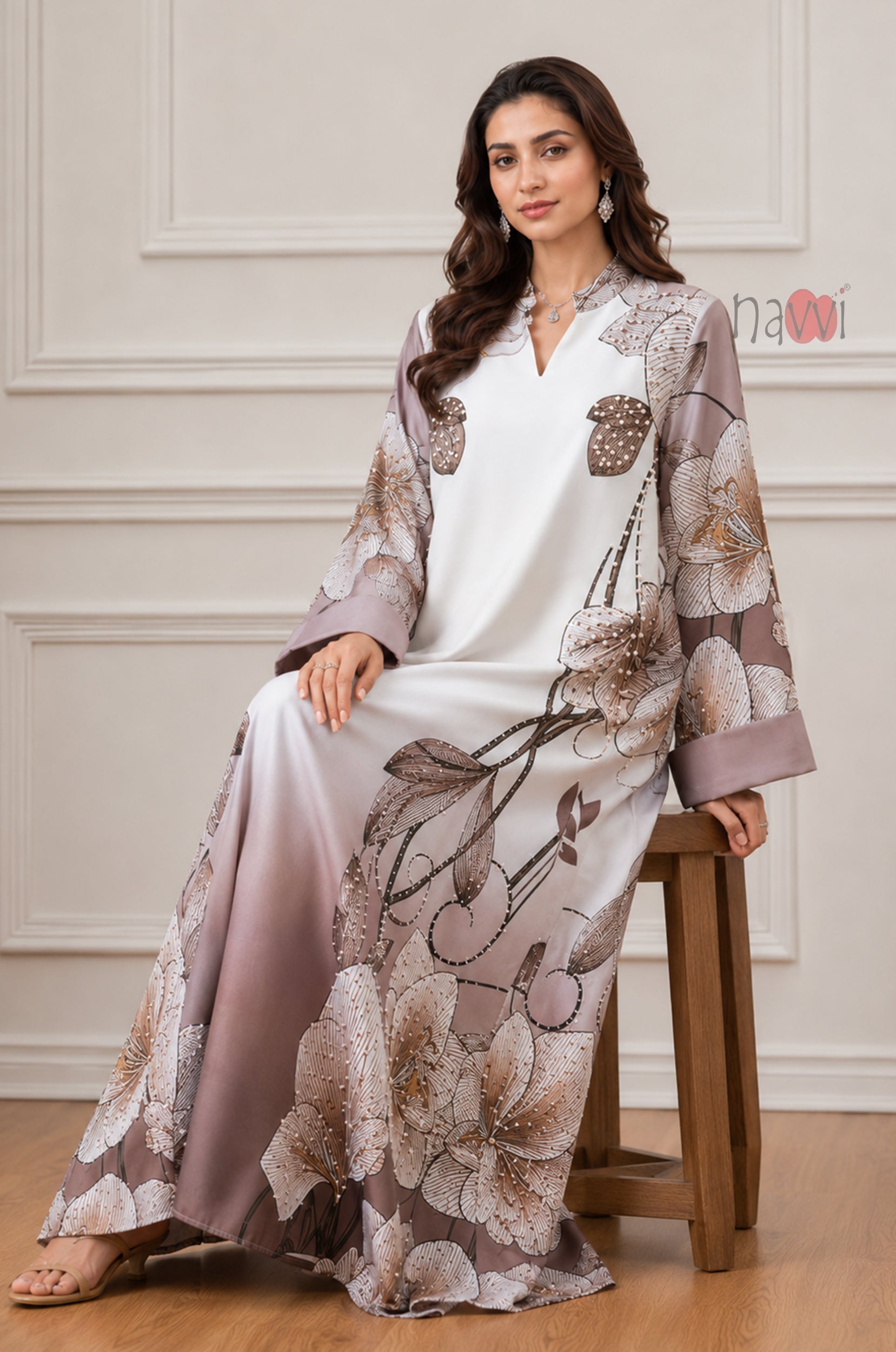 Taupe Blossom Printed Kaftan Dress