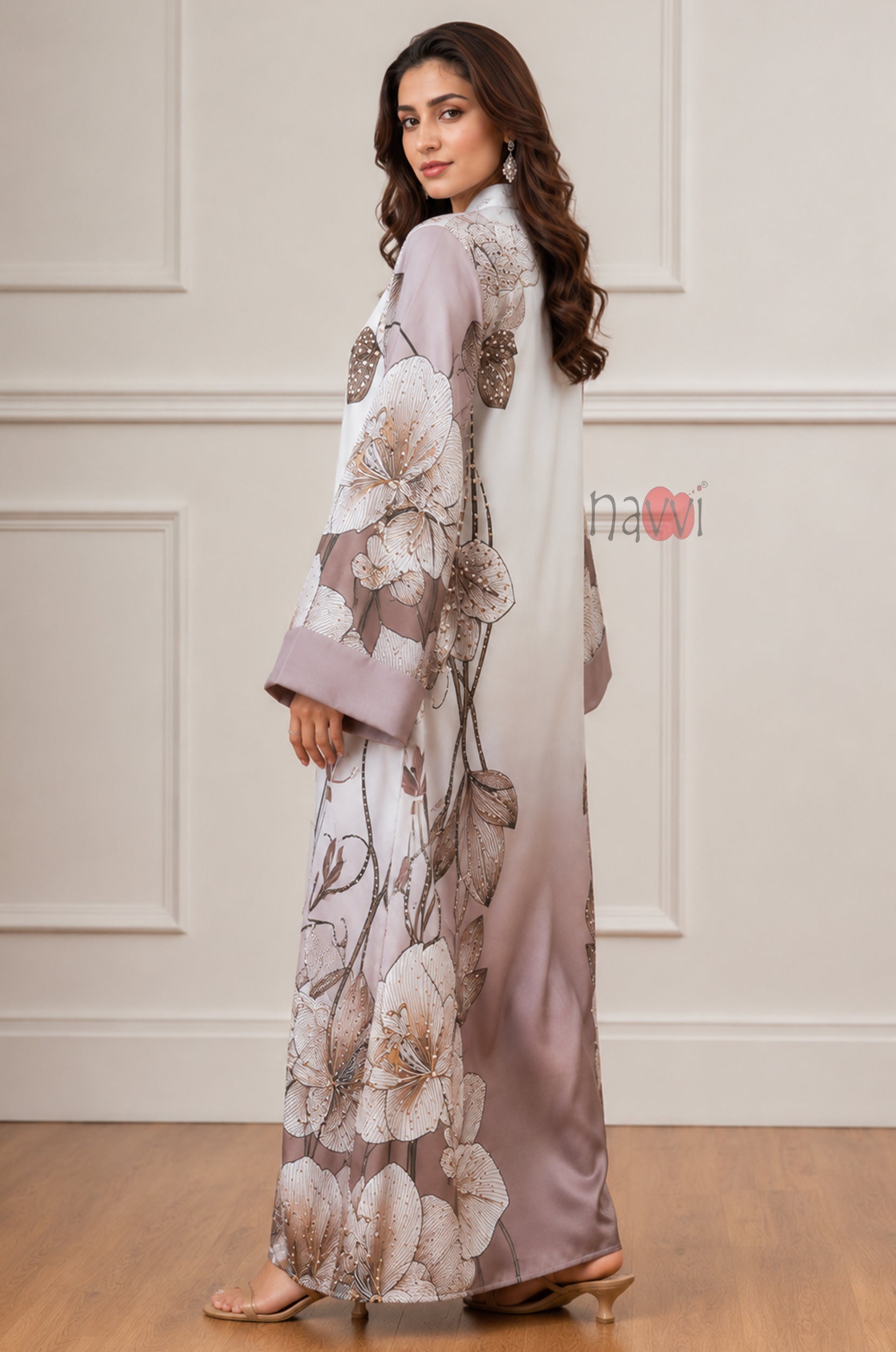 Taupe Blossom Printed Kaftan Dress