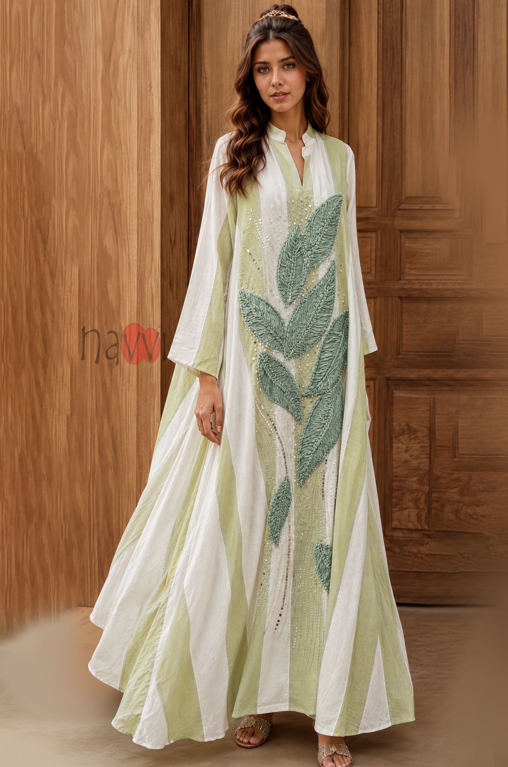 Sage Leaf Embroidered Kaftan Dress - Navvi.in