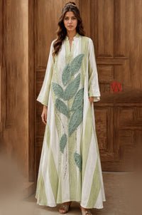 Sage Leaf Embroidered Kaftan Dress - Navvi.in