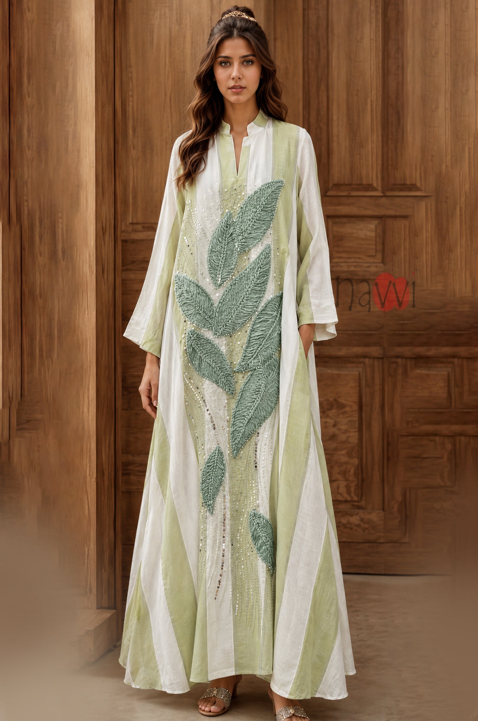 Sage Leaf Embroidered Kaftan Dress - Navvi.in