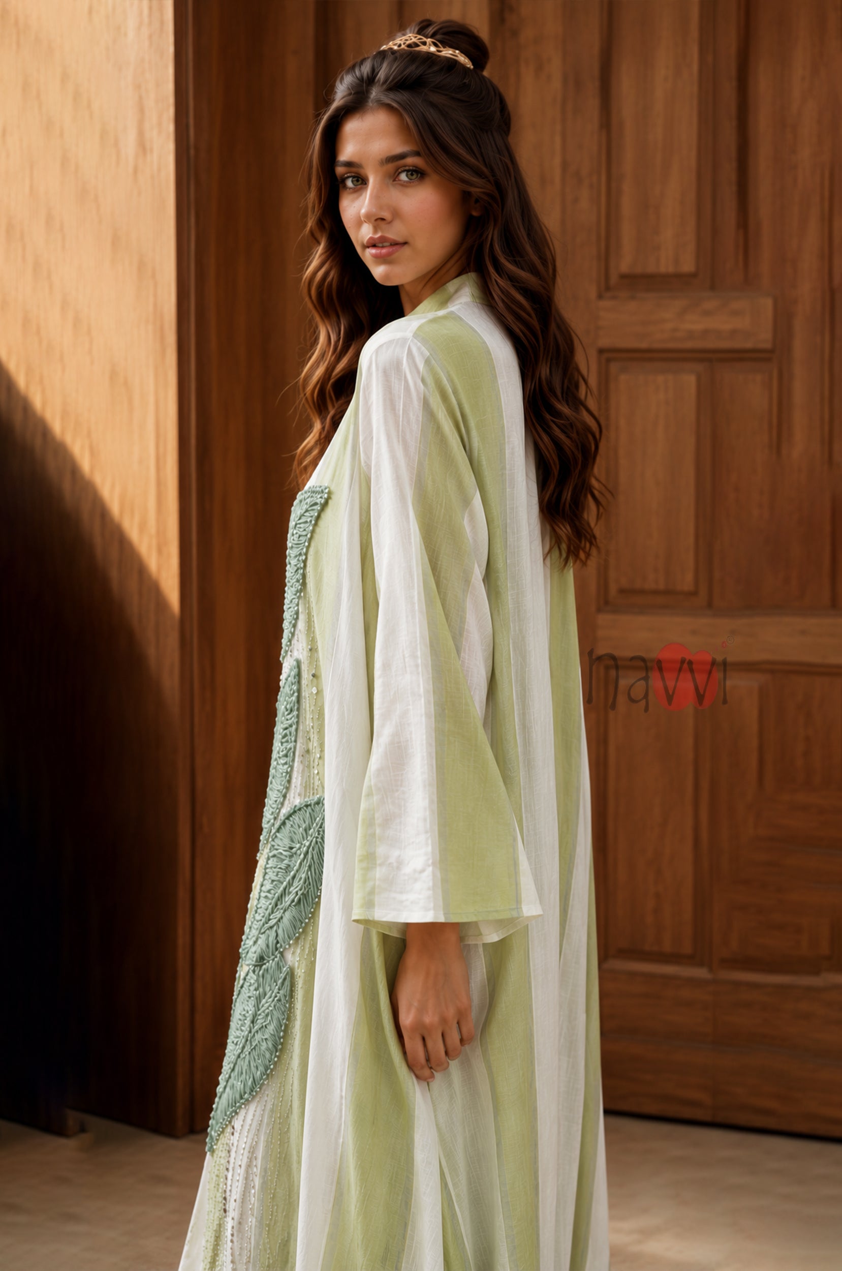 Sage Leaf Embroidered Kaftan Dress - Navvi.in