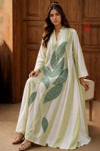 Sage Leaf Embroidered Kaftan Dress - Navvi.in