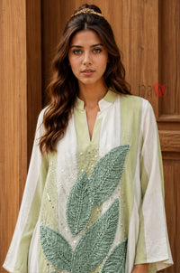 Sage Leaf Embroidered Kaftan Dress - Navvi.in