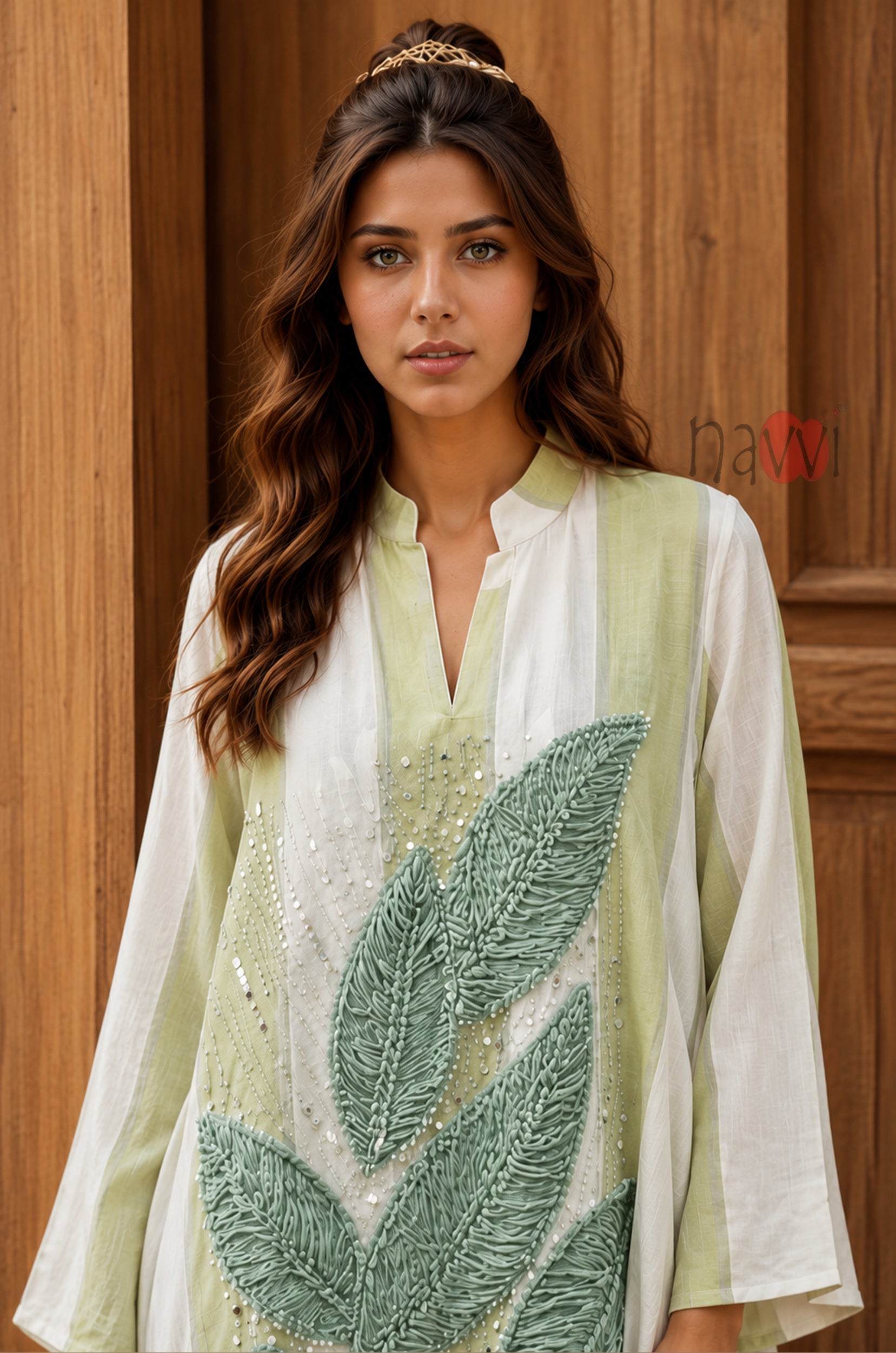 Sage Leaf Embroidered Kaftan Dress - Navvi.in