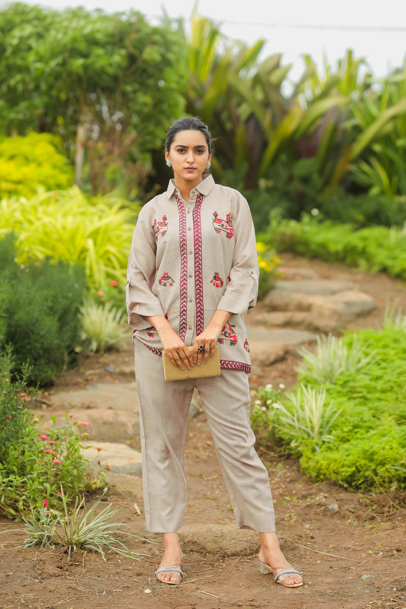 Elephant Embroidery Linen Co-Ord Set