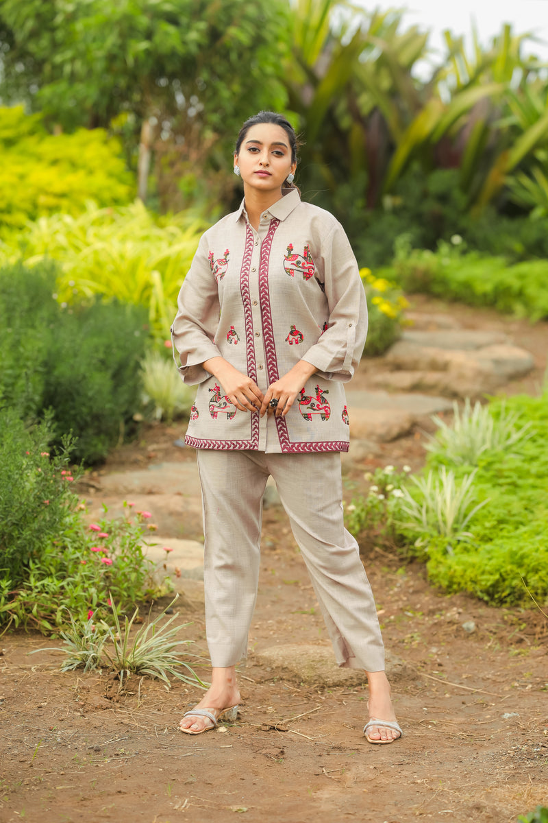 Elephant Embroidery Linen Co-Ord Set