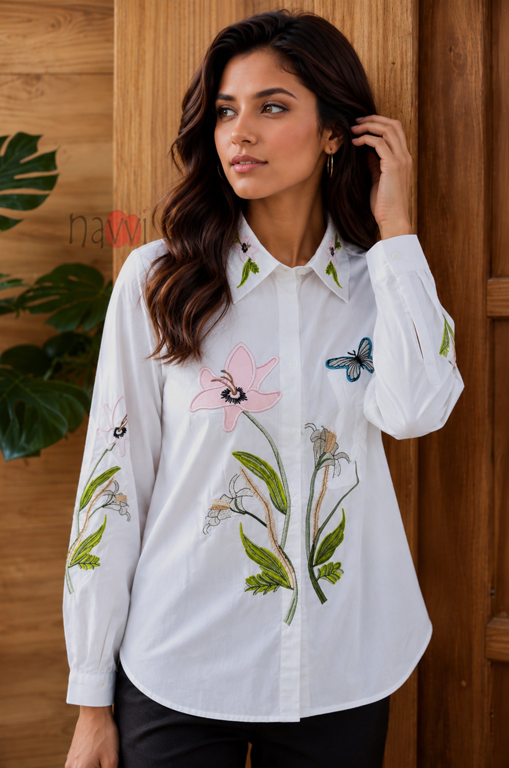 Floral Embroidered White Linen Shirt