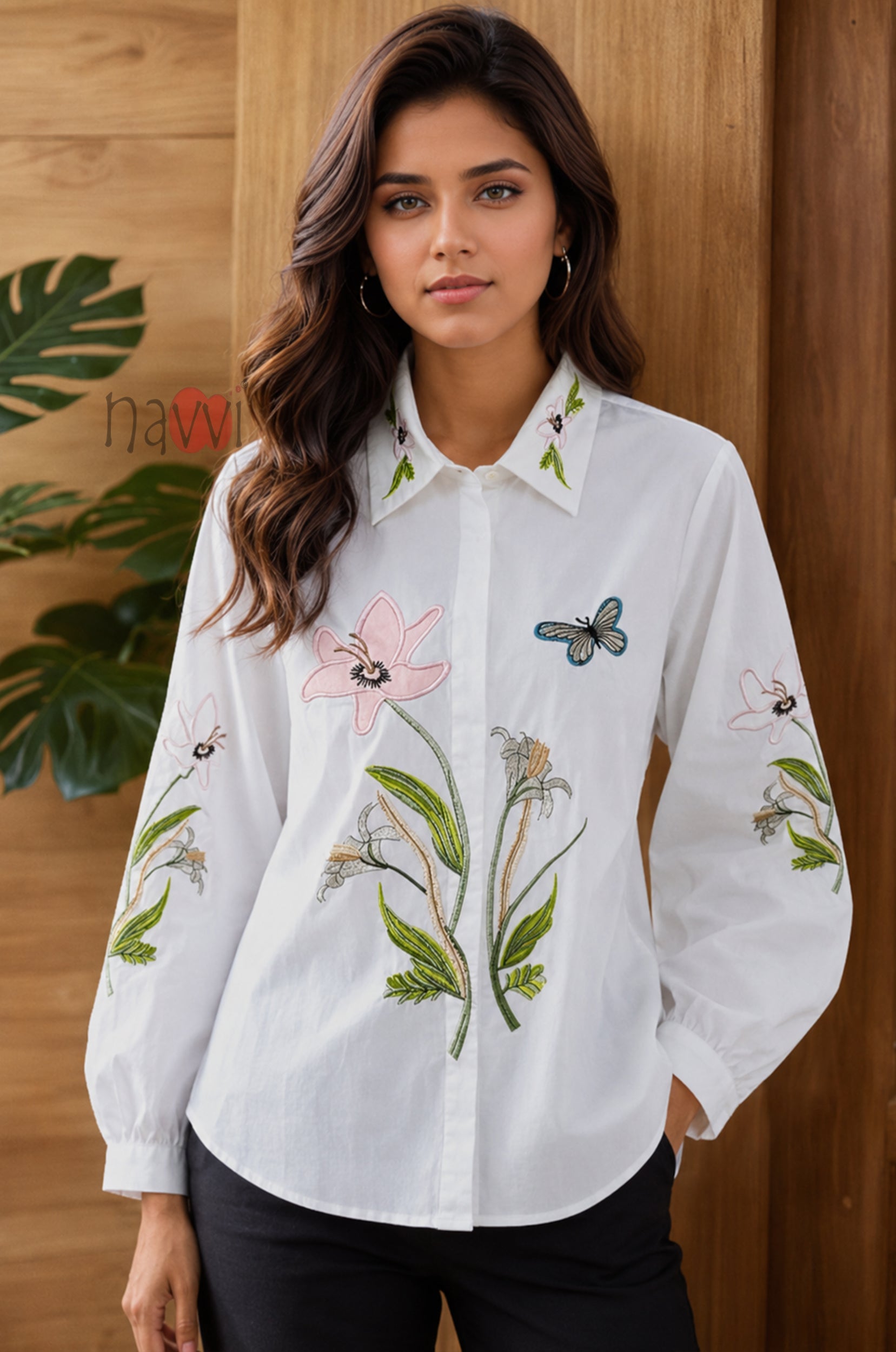 Floral Embroidered White Linen Shirt