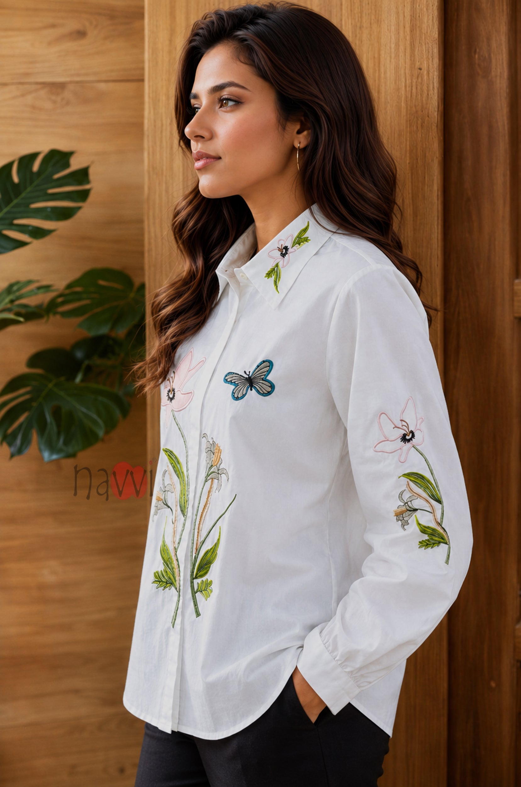 Floral Embroidered White Linen Shirt