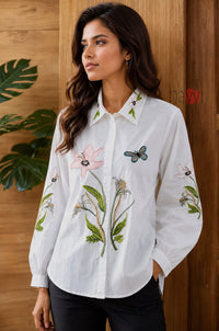 Floral Embroidered White Linen Shirt