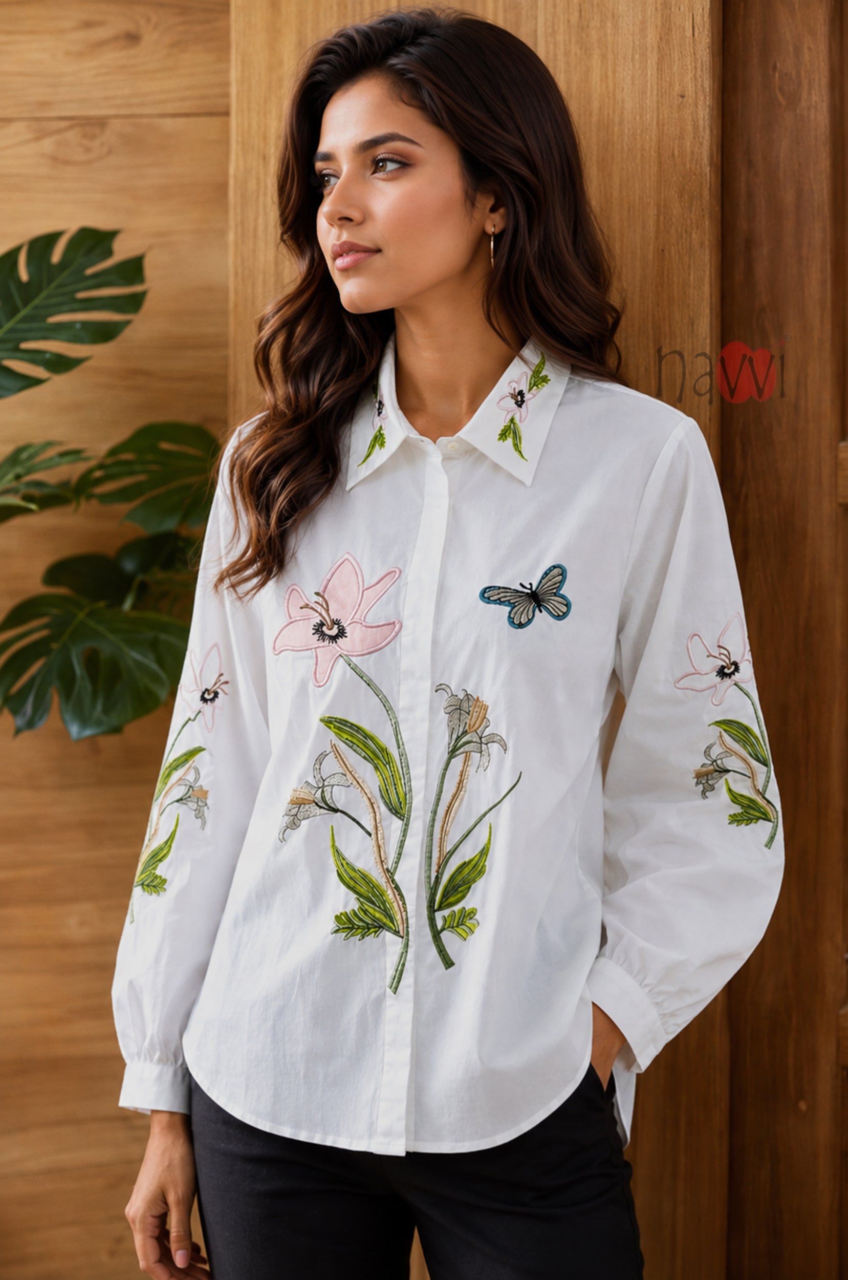 Floral Embroidered White Linen Shirt