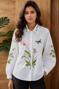 Floral Embroidered White Linen Shirt