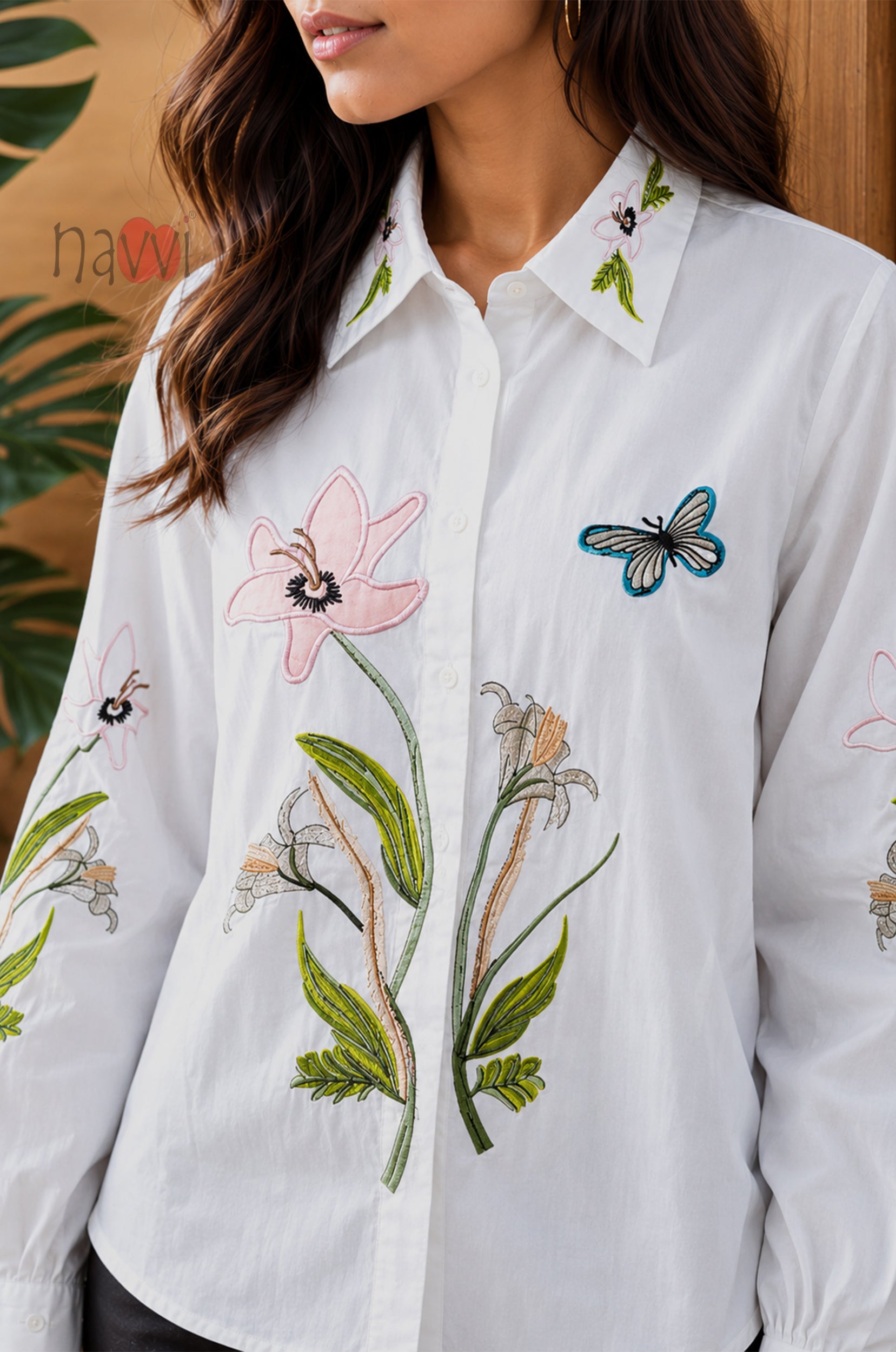 Floral Embroidered White Linen Shirt