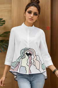 Pastel Muse Embroidered High-Low Linen Shirt