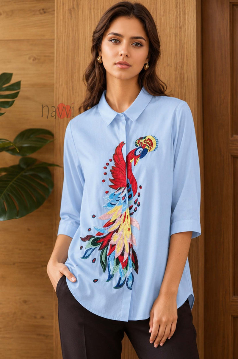 Majestic Peacock Embroidered Linen Shirt - Navvi.in