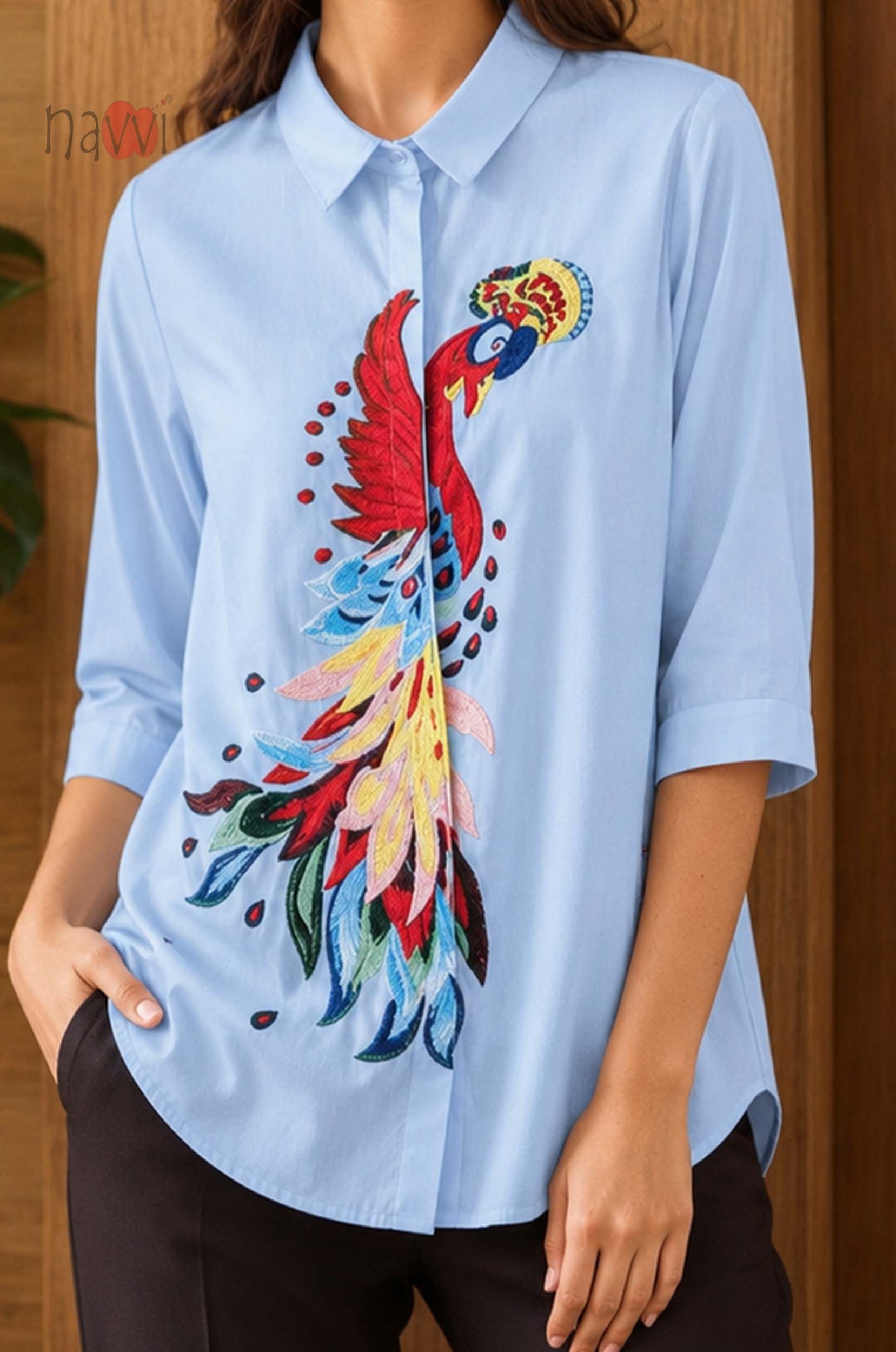 Majestic Peacock Embroidered Linen Shirt